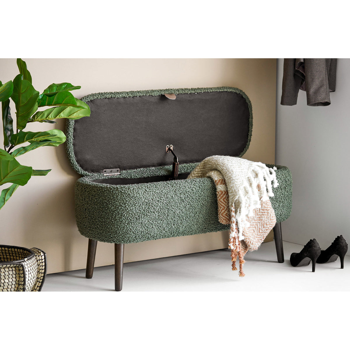 Harlow Bank met opbergruimte - teddy-stof, groen 95x37x45 cm